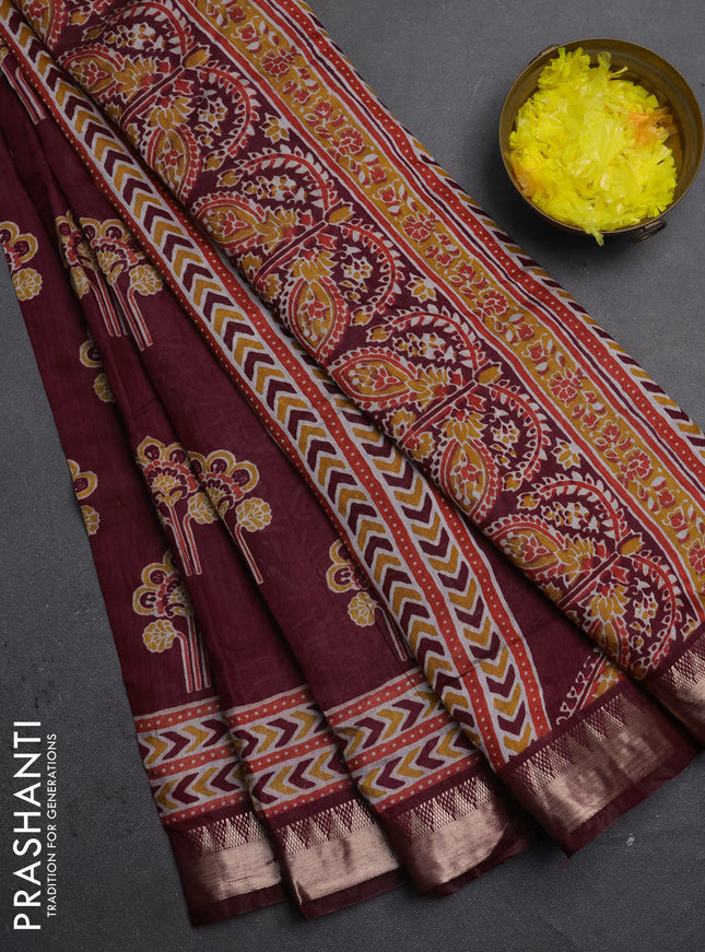 Semi maheshwari cotton saree maroon with allover floral butta prints and zari woven border