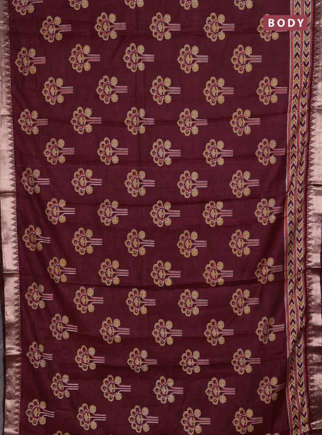 Semi maheshwari cotton saree maroon with allover floral butta prints and zari woven border