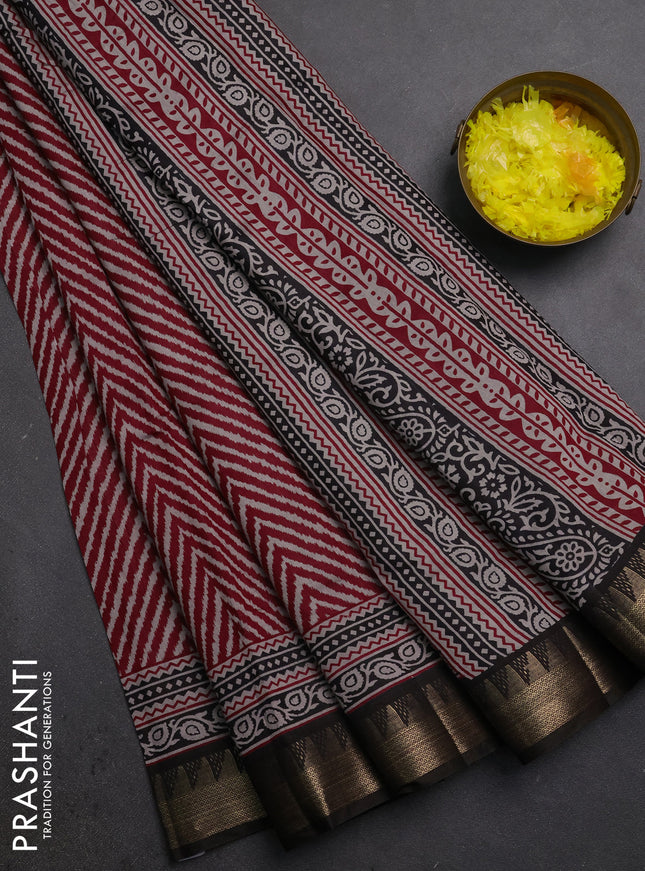 Semi maheshwari cotton saree maroon and coffee brown with allover zigzag prints and zari woven border