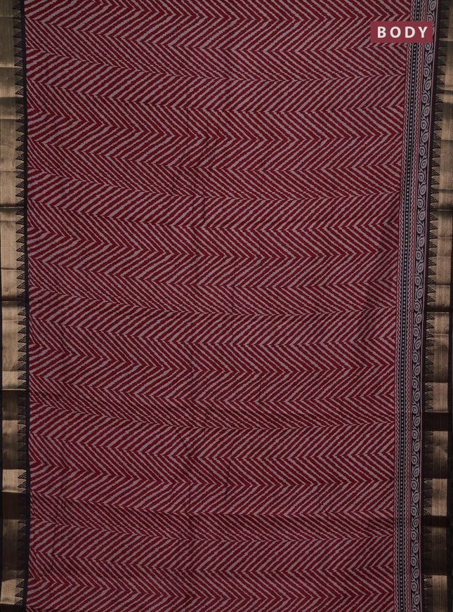 Semi maheshwari cotton saree maroon and coffee brown with allover zigzag prints and zari woven border