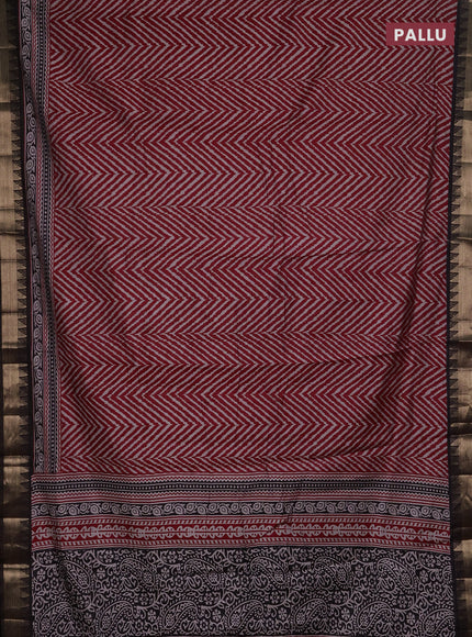 Semi maheshwari cotton saree maroon and coffee brown with allover zigzag prints and zari woven border
