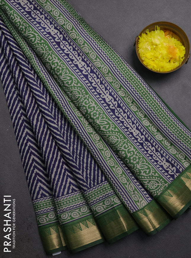 Semi maheshwari cotton saree navy blue and green with allover zigzag prints and zari woven border