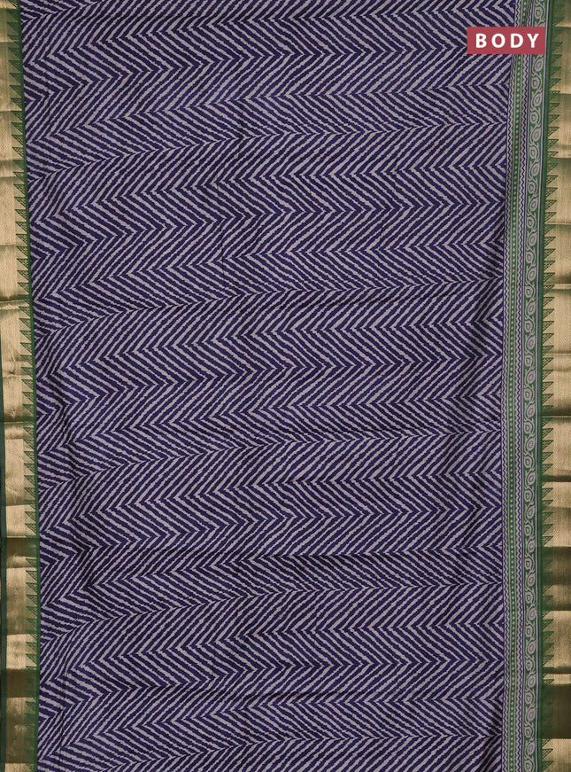 Semi maheshwari cotton saree navy blue and green with allover zigzag prints and zari woven border