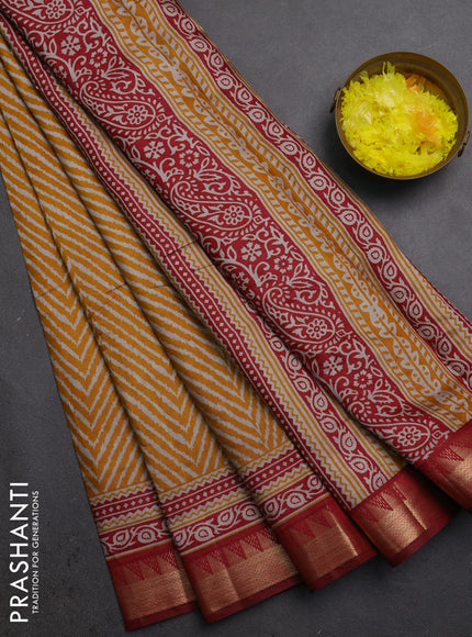Semi maheshwari cotton saree mustard yellow and maroon with allover zigzag prints and zari woven border
