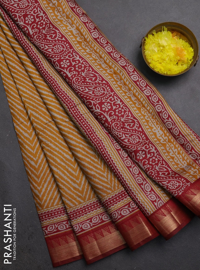 Semi maheshwari cotton saree mustard yellow and maroon with allover zigzag prints and zari woven border
