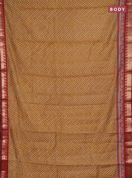 Semi maheshwari cotton saree mustard yellow and maroon with allover zigzag prints and zari woven border