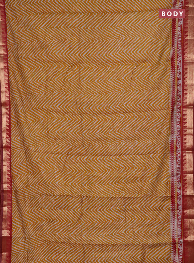 Semi maheshwari cotton saree mustard yellow and maroon with allover zigzag prints and zari woven border