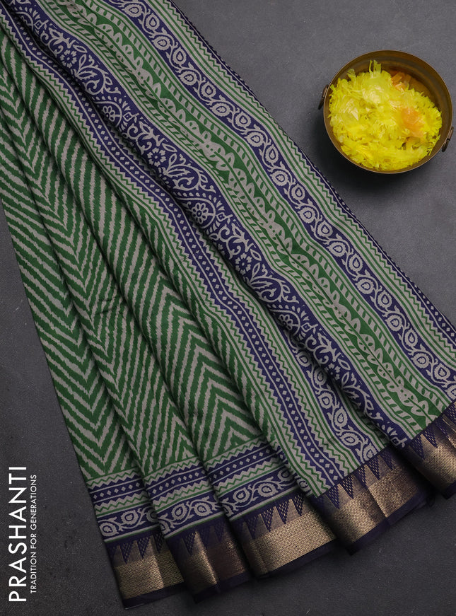 Semi maheshwari cotton saree green and navy blue with allover zigzag prints and zari woven border