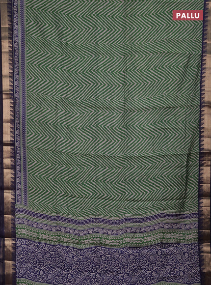 Semi maheshwari cotton saree green and navy blue with allover zigzag prints and zari woven border