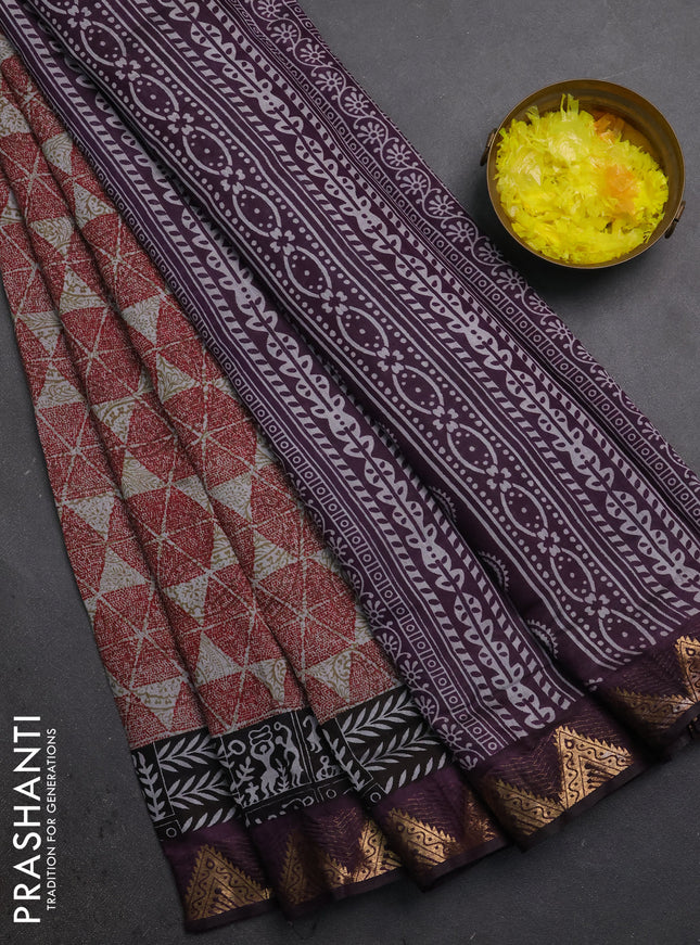 Semi maheshwari cotton saree red grey and purple with allover geometric prints and zari woven border