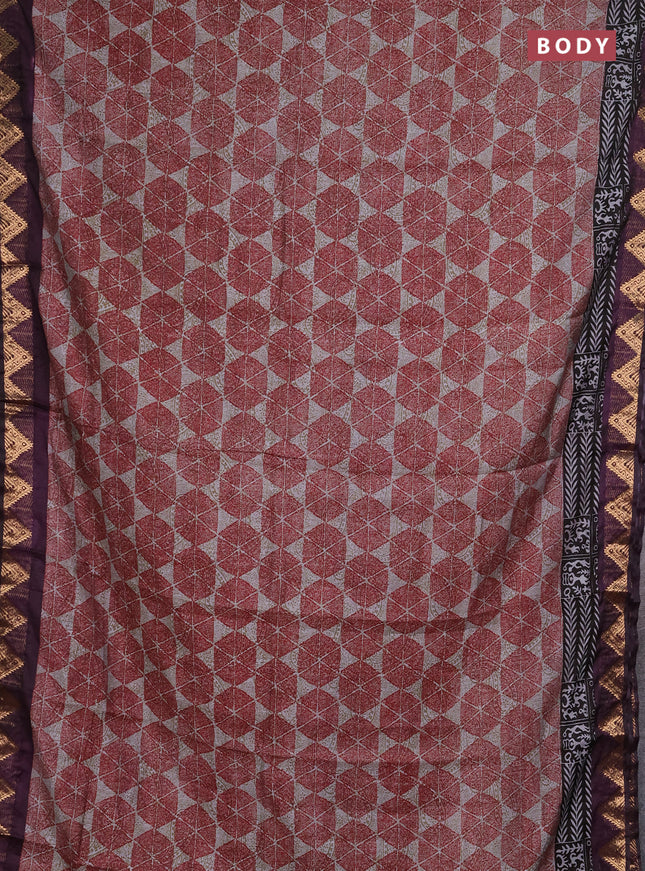 Semi maheshwari cotton saree red grey and purple with allover geometric prints and zari woven border