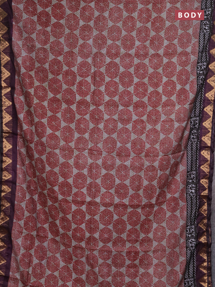 Semi maheshwari cotton saree red grey and purple with allover geometric prints and zari woven border