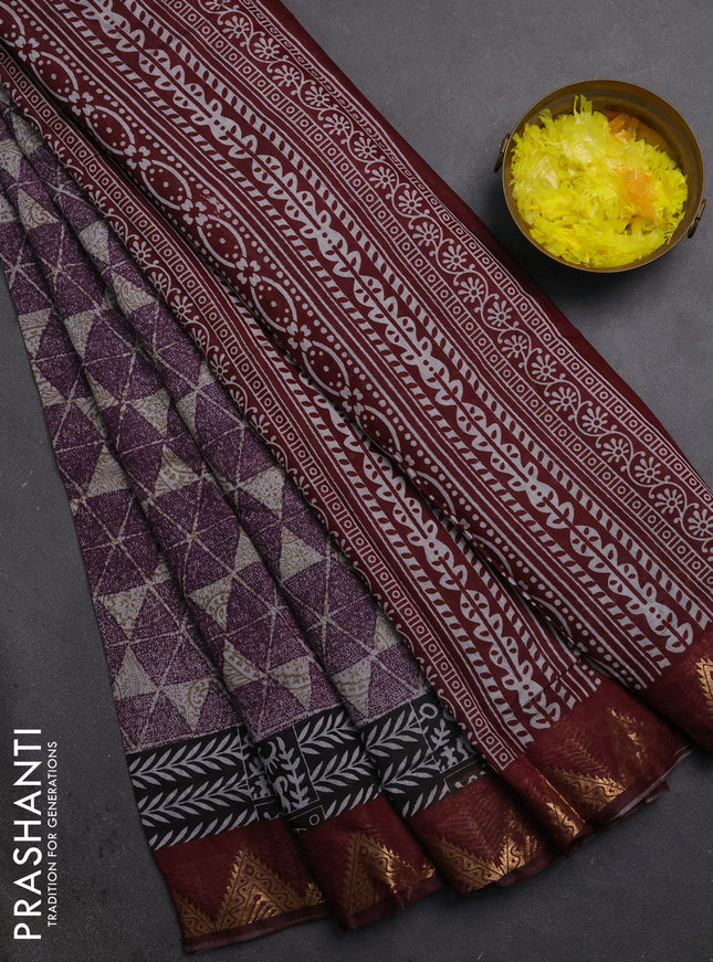 Semi maheshwari cotton saree purple grey and maroon with allover geometric prints and zari woven border