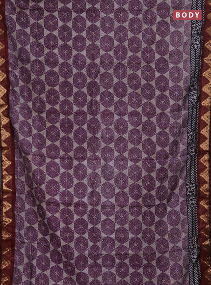Semi maheshwari cotton saree purple grey and maroon with allover geometric prints and zari woven border