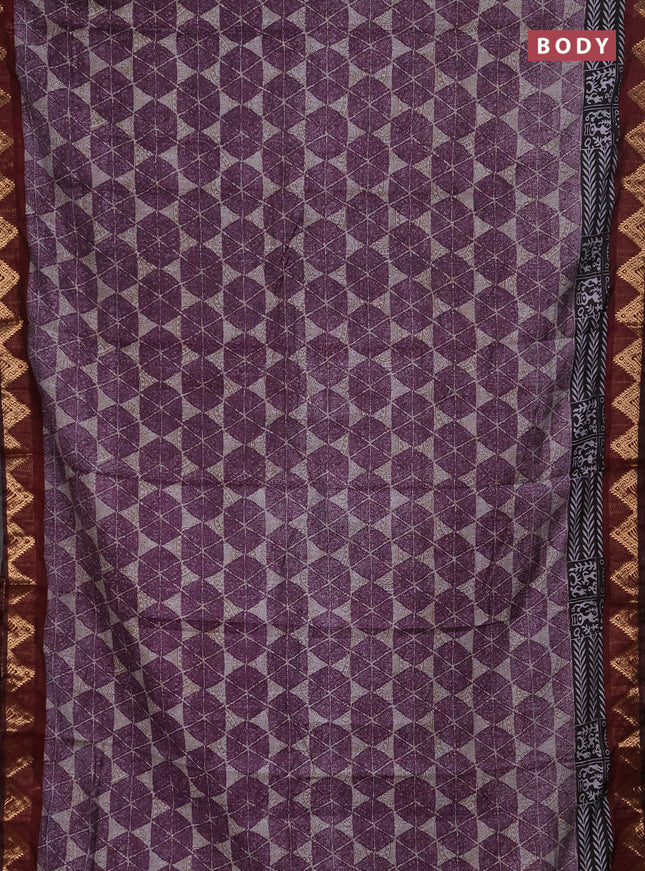 Semi maheshwari cotton saree purple grey and maroon with allover geometric prints and zari woven border
