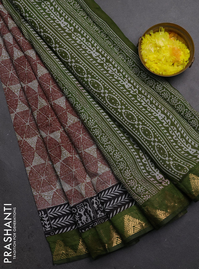 Semi maheshwari cotton saree maroon grey and green with allover geometric prints and zari woven border