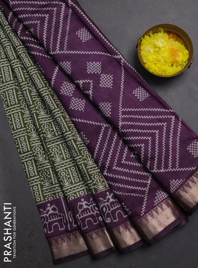 Semi maheshwari cotton saree light green and purple with allover prints and patola printed zari woven border