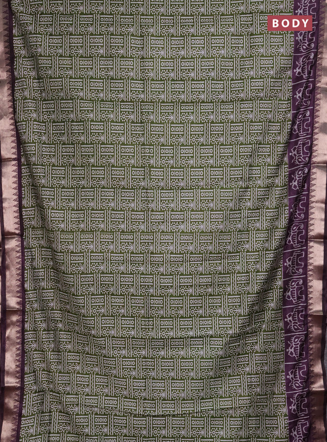 Semi maheshwari cotton saree light green and purple with allover prints and patola printed zari woven border