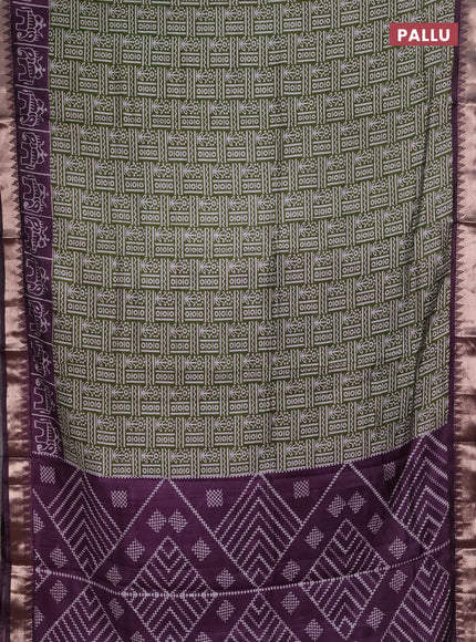 Semi maheshwari cotton saree light green and purple with allover prints and patola printed zari woven border
