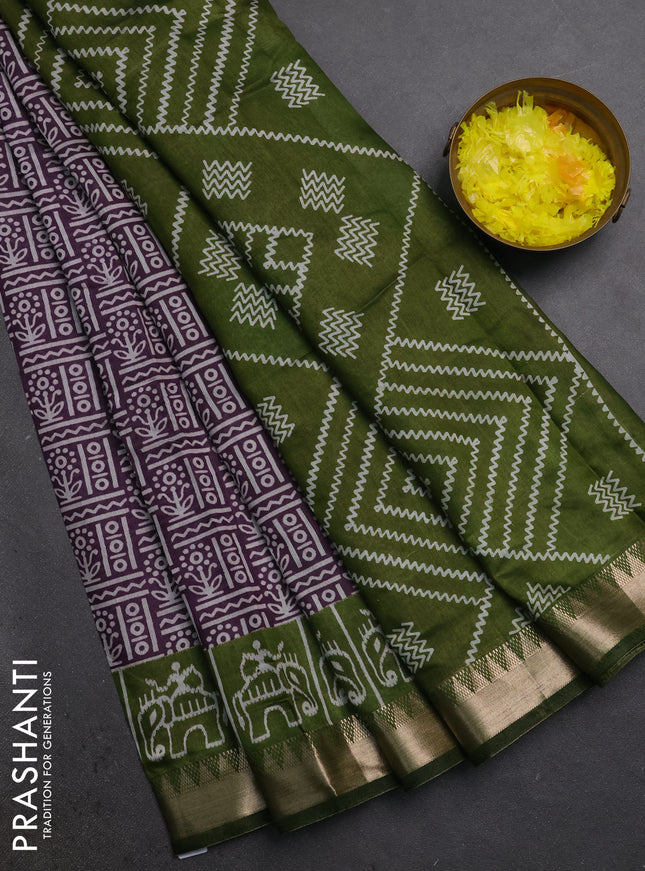 Semi maheshwari cotton saree purple and light green with allover prints and patola printed zari woven border