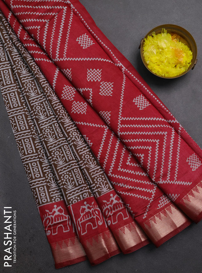 Semi maheshwari cotton saree coffee brown and maroon with allover prints and patola printed zari woven border