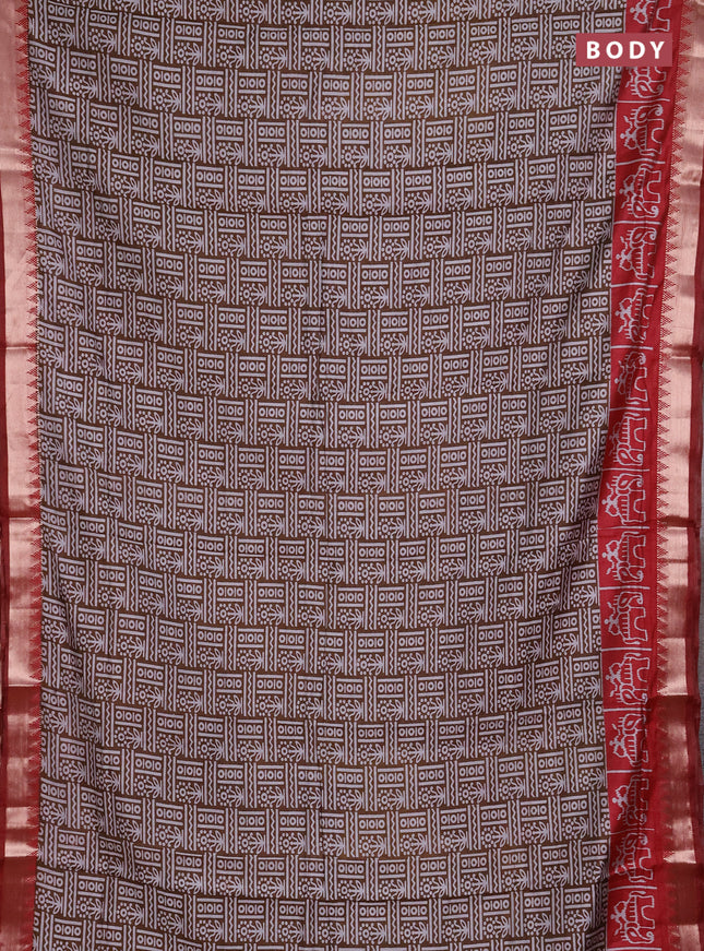 Semi maheshwari cotton saree coffee brown and maroon with allover prints and patola printed zari woven border