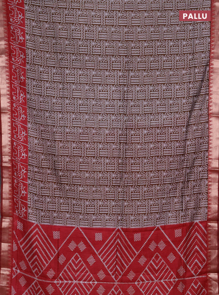Semi maheshwari cotton saree coffee brown and maroon with allover prints and patola printed zari woven border