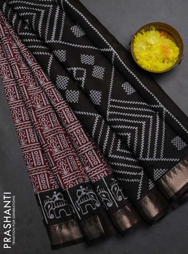 Semi maheshwari cotton saree maroon and coffee brown with allover prints and patola printed zari woven border