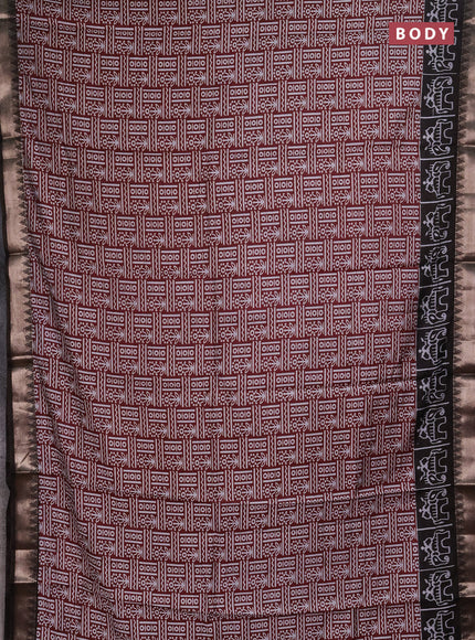 Semi maheshwari cotton saree maroon and coffee brown with allover prints and patola printed zari woven border
