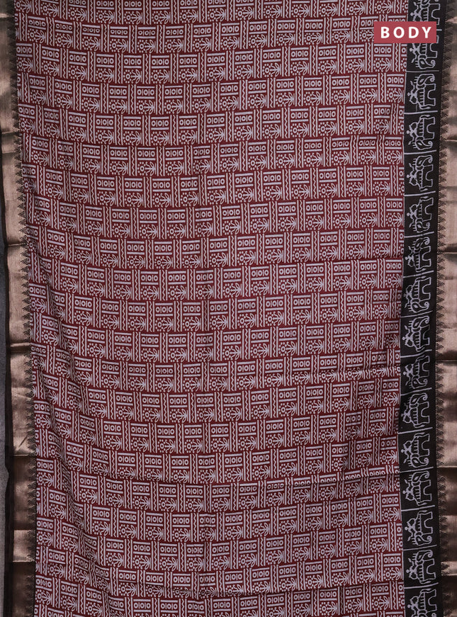 Semi maheshwari cotton saree maroon and coffee brown with allover prints and patola printed zari woven border