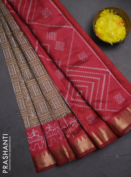 Semi maheshwari cotton saree dark beige and maroon with allover prints and patola printed zari woven border