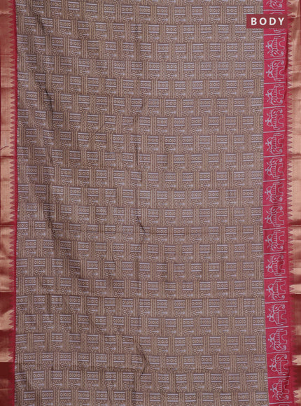 Semi maheshwari cotton saree dark beige and maroon with allover prints and patola printed zari woven border
