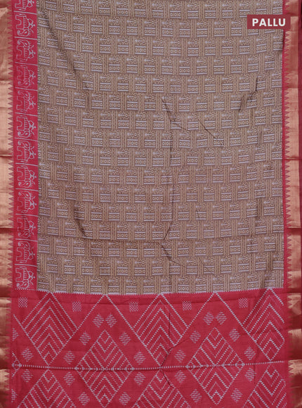 Semi maheshwari cotton saree dark beige and maroon with allover prints and patola printed zari woven border