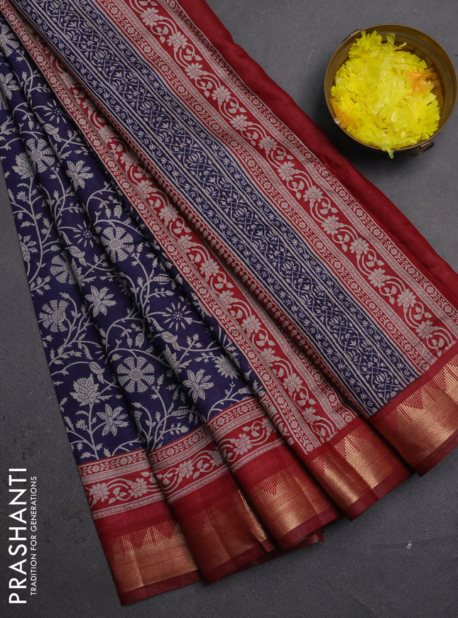 Semi maheshwari cotton saree navy blue and maroon with allover prints and zari woven border