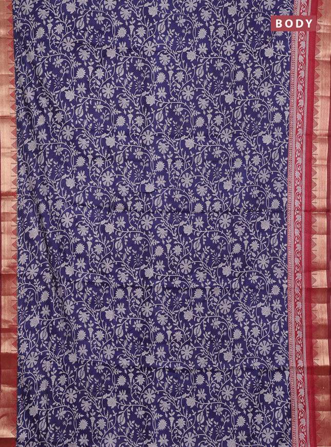 Semi maheshwari cotton saree navy blue and maroon with allover prints and zari woven border