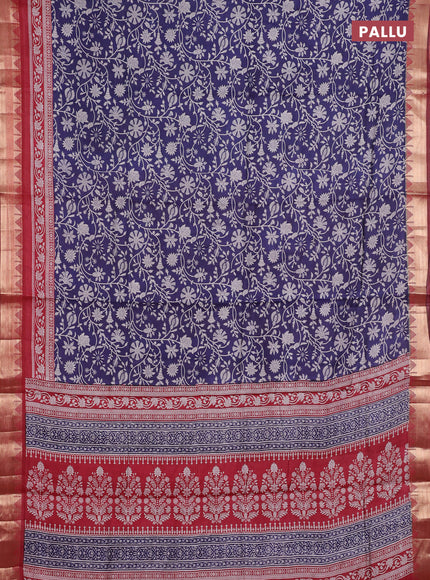 Semi maheshwari cotton saree navy blue and maroon with allover prints and zari woven border
