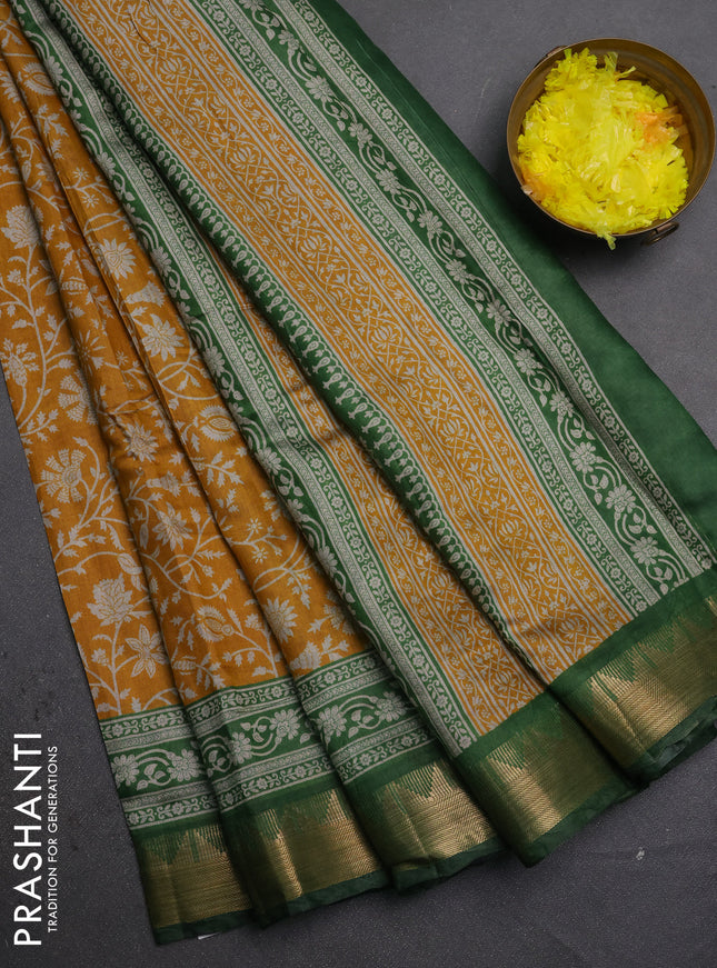 Semi maheshwari cotton saree mustard yellow and light green with allover floral prints and zari woven border