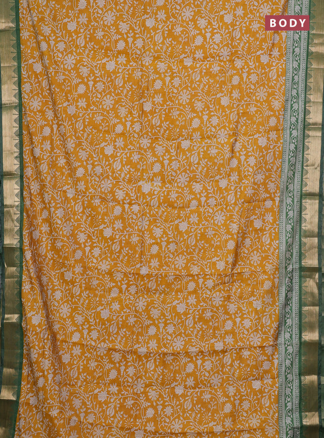 Semi maheshwari cotton saree mustard yellow and light green with allover floral prints and zari woven border