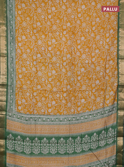 Semi maheshwari cotton saree mustard yellow and light green with allover floral prints and zari woven border
