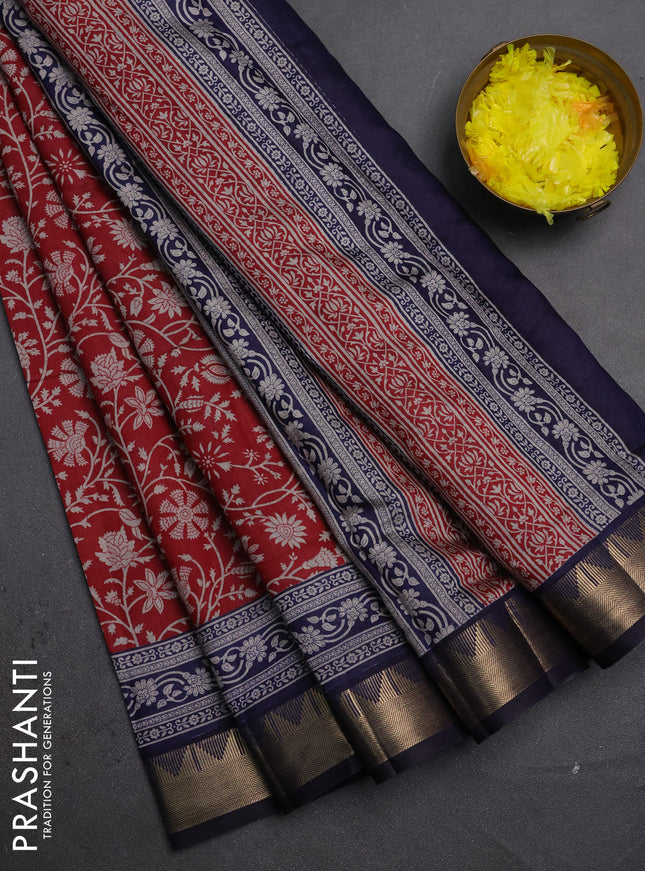 Semi maheshwari cotton saree maroon and navy blue with allover floral prints and zari woven border