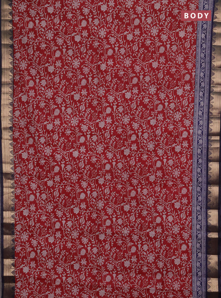 Semi maheshwari cotton saree maroon and navy blue with allover floral prints and zari woven border