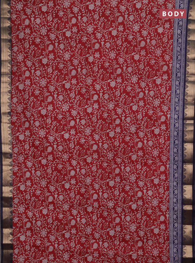 Semi maheshwari cotton saree maroon and navy blue with allover floral prints and zari woven border