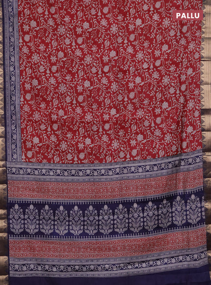 Semi maheshwari cotton saree maroon and navy blue with allover floral prints and zari woven border
