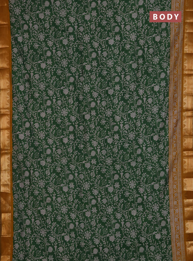 Semi maheshwari cotton saree light green and mustard yellow with allover floral prints and zari woven border