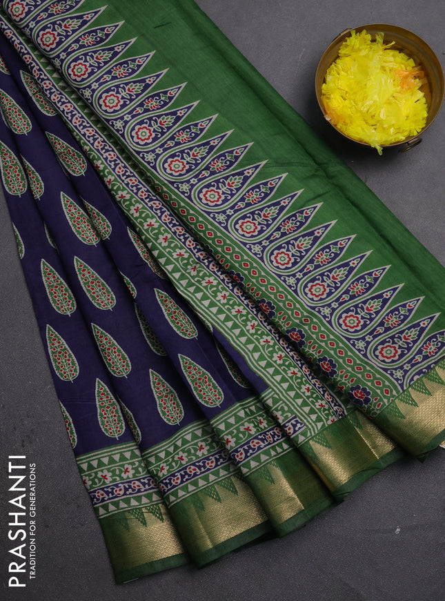 Semi maheshwari cotton saree navy blue and green with allover butta prints and zari woven border