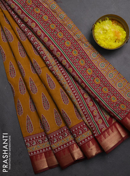 Semi maheshwari cotton saree mustard yellow and maroon with allover butta prints and zari woven border