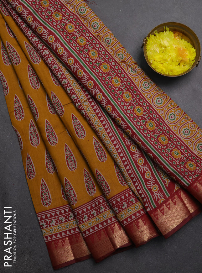 Semi maheshwari cotton saree mustard yellow and maroon with allover butta prints and zari woven border