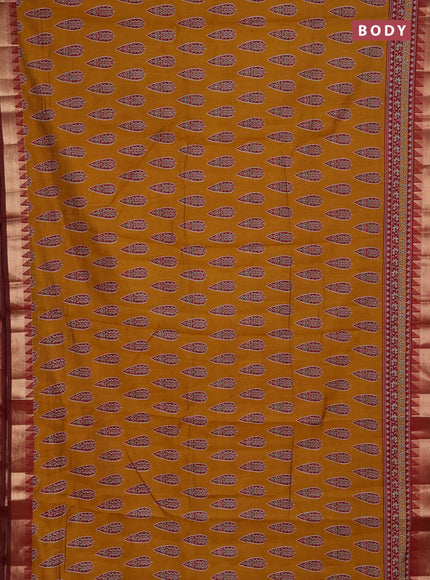 Semi maheshwari cotton saree mustard yellow and maroon with allover butta prints and zari woven border