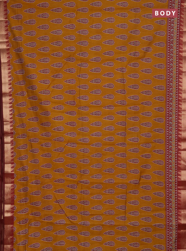 Semi maheshwari cotton saree mustard yellow and maroon with allover butta prints and zari woven border