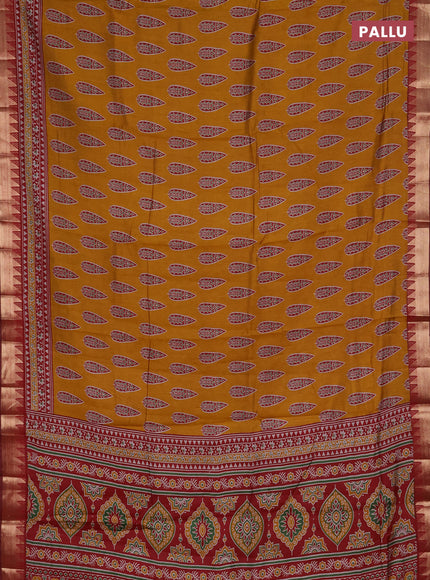 Semi maheshwari cotton saree mustard yellow and maroon with allover butta prints and zari woven border